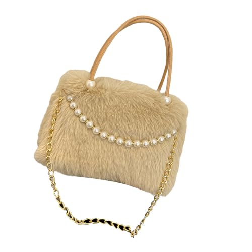 YIZITU Anspruchsvolle pelzige Handtasche mit Perlen, bequeme und spaiköse Crossbody-Tasche für lässige Einkäufe oder Partys, vielseitig verwendbare Handtasche, helles kaffebraun, One Size von YIZITU