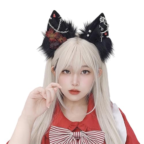 YIZITU Cosplay Wolf Ohr Haarband mit Blume Frau Teenager Stirnband für Film-Enthusiasten Themenversammlungen Haarband Cosplay Haarschmuck Füchse Ohren Haarband Cosplay Halloween Hairhoop von YIZITU