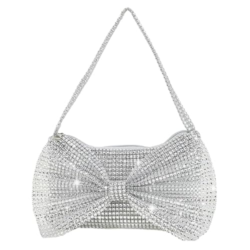 YIZITU Damen Abend-Clutch, Luxus-Strass, Handtasche, Box, Tasche, Schleife, Schultertasche, Party, Hochzeit, Geldbörse, Mädchen Tasche, silber von YIZITU