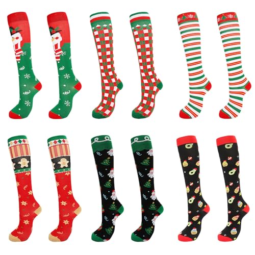 YIZITU Damen und Herren Kompressionssocken mit Weihnachtsmotiven lindern Ermüdung der Beine mit Schneemann-Muster, knielange Strümpfe abgestufte Kompressionsstrümpfe, Weihnachten, 6 Paar, Large von YIZITU