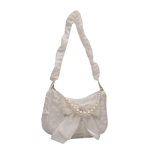 YIZITU Elegante Spitzen-Falten-Tasche für Damen, stilvolle Handtasche mit Schleifen-Details, modische Nylon-Umhängetasche, weibliche Geldbörse, Geschenk, beige von YIZITU