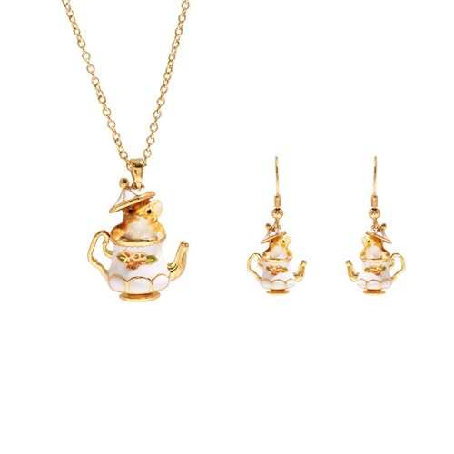 YIZITU Entzückende Chipmunk Teapot Schmuck Set Mode Charme Halskette Drop Ohrringe Emaille Cartoon Schmuck Geschenk Für Frauen Mädchen Charme Für Frauen von YIZITU