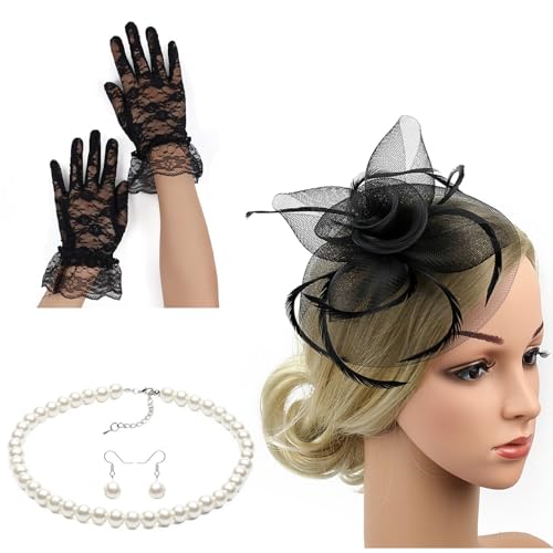 YIZITU Federed Verzierte Kopfbedeckungs Faszinator Huthandschuhe Für Frauen Teas Party Mit Imitation Perlen Halskette Und Ohrring Faszinatoren Für Frauen von YIZITU