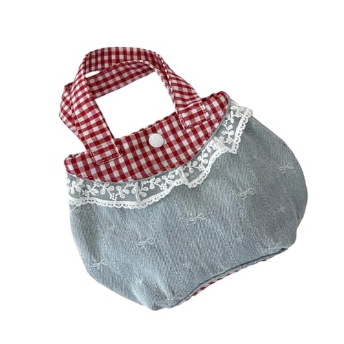 YIZITU Feminine Jeans Handtasche mit Retro Plaids Muster und dekorativer Spitzeneinfassung, praktischer Tragegriff für verschiedene Anlässe, koreanisch inspirierte Damenhandtasche, Hellblaue Schleife von YIZITU