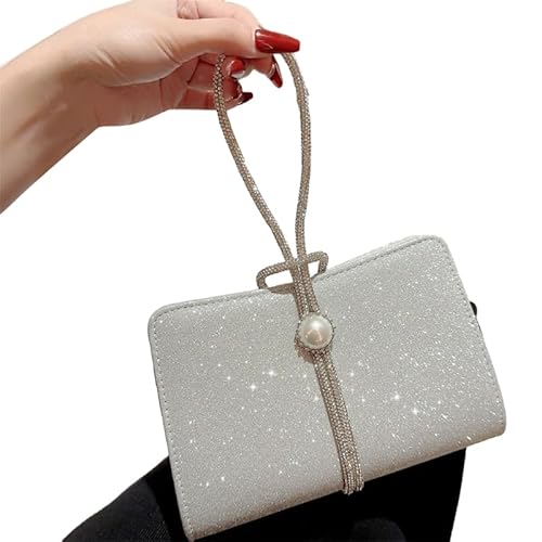 YIZITU Glitzernde kleine Clutch-Geldbörse, Abendtasche, abnehmbare Kette, kleine Handy-Geldbörse, Umhängetasche, Kette, Schultertasche, silber von YIZITU