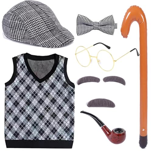 YIZITU Großvater Set Halloween Alter Mann Kostüm Set Opa Hut Pfeife Brille Augenbrauen Schnurrbart Für Den 100. Schultag. 100 Schultage Halloween Opa Kostüm von YIZITU