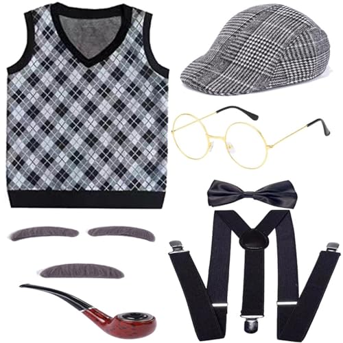 YIZITU Großvater Set Halloween Alter Mann Kostüm Set Opa Hut Pfeife Brille Augenbrauen Schnurrbart Für Den 100. Schultag. 100 Schultage Halloween Opa Kostüm von YIZITU