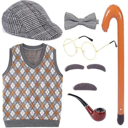 YIZITU Großvater Set Halloween Alter Mann Kostüm Set Opa Hut Pfeife Brille Augenbrauen Schnurrbart Für Den 100. Schultag. 100 Schultage Halloween Opa Kostüm von YIZITU