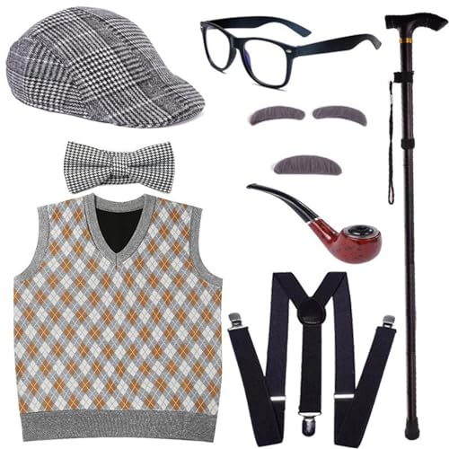 YIZITU Großvater Set Halloween Alter Mann Kostüm Set Opa Hut Pfeife Brille Augenbrauen Schnurrbart Für Den 100. Schultag. 100 Schultage Halloween Opa Kostüm von YIZITU