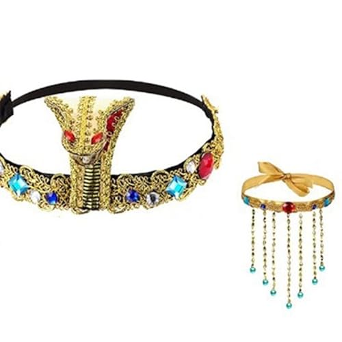 YIZITU Halskette, ägyptisches Kostüm-Zubehör für Damen, ägyptische Kopfbedeckung, Armstulpen, Quasten, Perlen-Halskette, Halloween-Party-Dekoration, for head circumference 55-60cm, Kunststoff von YIZITU