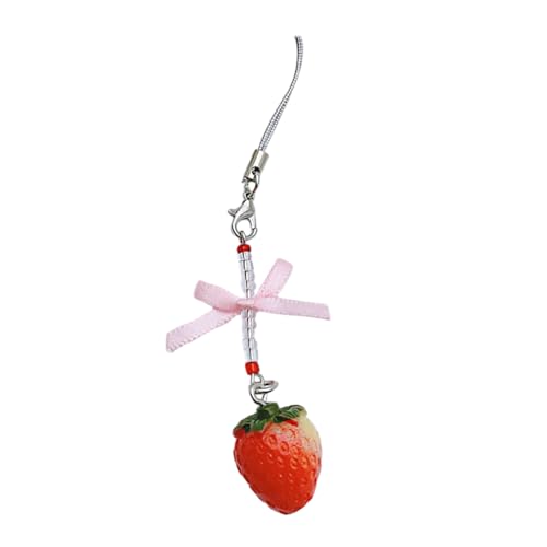 YIZITU Handgefertigtes Erdbeerharz Schlüsselbund Bowknot Telefon Charme CHETT BAG Accessoire Bowknot Keychain Harzmaterial Geschenk Für Frauen Erdbeer Rucksack Dekoration von YIZITU