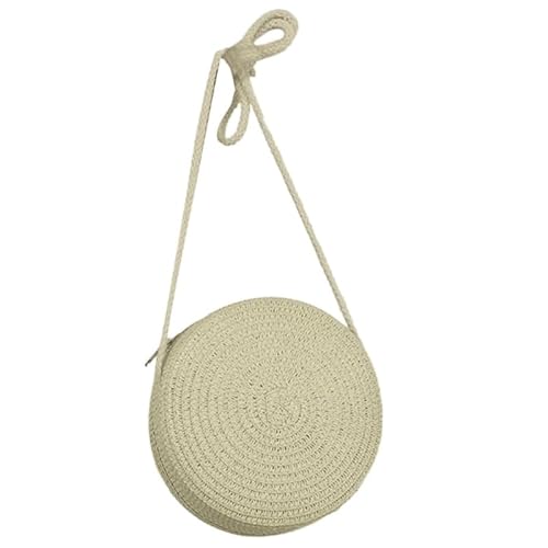 YIZITU Handgewebte Strohtasche für Damen, Mädchen, Urlaub, Strandtasche, einfarbig, Umhängetasche, rund, Crossbody-Tasche für Handy, Make-up, beige von YIZITU