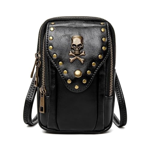 YIZITU Leder-Crossbody-Tasche für Damen, Handy-Geldbörse, Schultertasche, Handy-Geldbörse, Gürteltasche mit Skelett-Dekoration, Schwarz von YIZITU