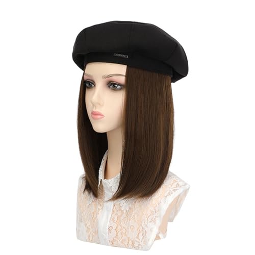 YIZITU Mädchen Baskenmütze Malerhut Mit Glatten Haarverlängerungen Für Mädchen Straßenfotografie Gerades Kurzes Haarteil von YIZITU