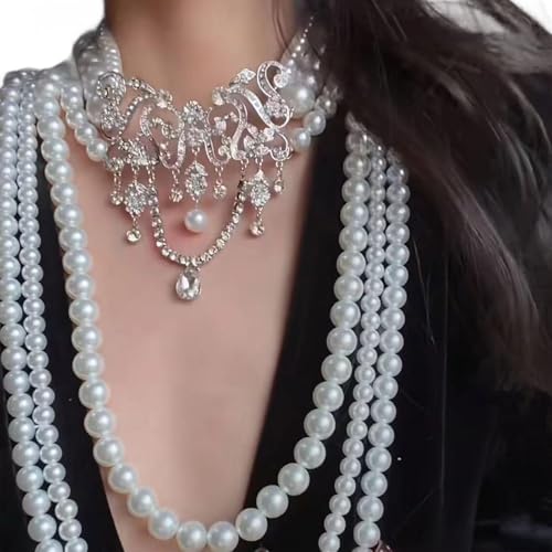 YIZITU Mehrschichtige Simulierte Perlen Perlenkette Für Frauen Verstellbare Länge Schlüsselbein Kette Stylish States Schmuck Multilayer Perlen Halskette von YIZITU