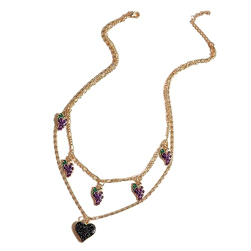 YIZITU Mode Kirsche/Trauben Heckketten Herz Anhänger Charm Creear Doppelschicht Halskette Süße Coole Mädchen Schmuck Geschenk Doppelschichtes Mode Halskette von YIZITU