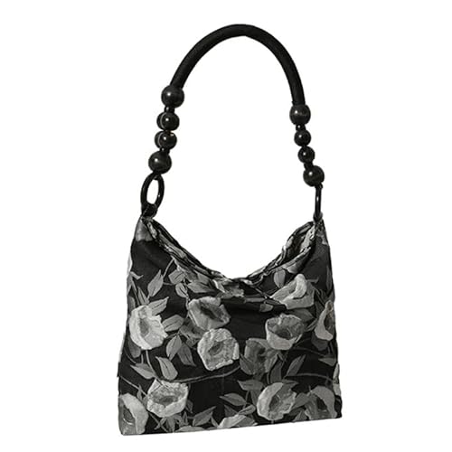 YIZITU Modische Handtasche mit plissiertem Blumenmuster, Achseltasche, Schultertasche für Mädchen und Frauen, Reisetasche, Vintage-Stil, gerüschte Tasche, Schwarz von YIZITU