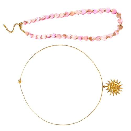 YIZITU Set Von 2 Doppelschicht Halskette Set Sun Charme Halskette Schale Perlenkette Edelstahl Schmuck Für Teenager Mädchen Edelstahlschale Perlen Perlen von YIZITU