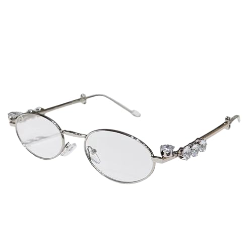 YIZITU Stilvolle Sonnenbrille für Mädchen und Jungen, Foto-Requisiten, Reisen, Hip-Hop, ovaler Rahmen, ovaler Rahmen, Strass, Brillen, Metall, Silberweiße Tabletten von YIZITU