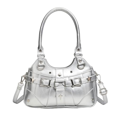 YIZITU Trendige Handtasche, praktische Umhängetasche aus PU-Leder, mit verstellbarem Riemen, Crossbody-Puse für moderne Mode-Enthusiasten, stilvolle Freizeittasche, silber, One Size von YIZITU