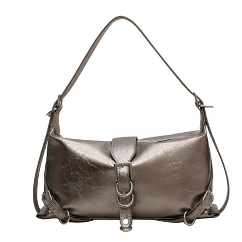 YIZITU Trendige koreanische Motorradtasche für Damen, stilvolle Unterarm-Schultertaschen, PU-Handtasche, modische Handtasche für verschiedene Anlässe, silber, One Size YIZITU Trendige koreanische Motorradtasche für Damen, stilvolle Unterarm-Schultertaschen, PU-Handtasche, modische Handtasche für verschiedene Anlässe, silber, One Size von YIZITU