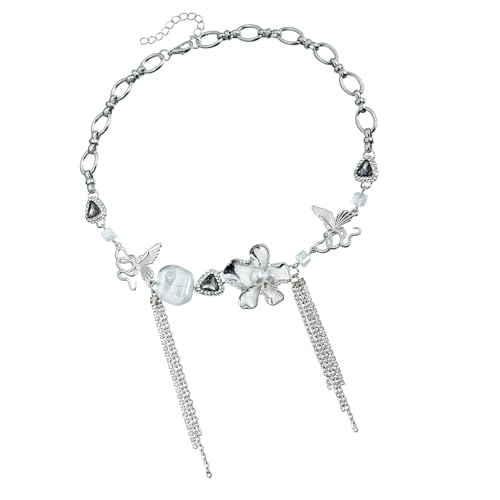 YIZITU Verstellbare Schmetterlings-Blumen-Choker-Halskette mit Perlen und Quasten für Frauen und Teenager, Mädchen, Statement-Schmuck, handgefertigte Perlen-Halskette von YIZITU