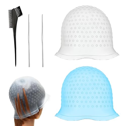YIZWINS 2 Stück Silikon Highlight Kappe, Strähnenhaube mit 2 Stahlnadel und 1 Haarfärbekamm, Strähnchenhaube Haare Färben Hervorhebung, Die Haarstyling Werkzeuge für Frauen und Mädchen Bläst von YIZWINS