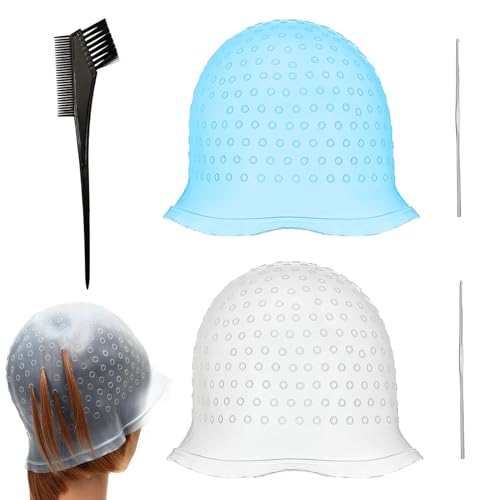 YIZWINS 2-teilige Haarkappe, Kappe zum Färben mit 2 Häkelnadeln aus Metall und Pinsel, Haarfärbekappe, wiederverwendbare Kappe aus Silikon, zum Färben von Haaren von YIZWINS