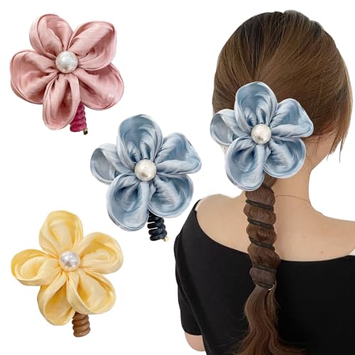 YIZWINS 3 Stück Bunte Telefonkabel Haarband Mädchen, Gerade Haargummi Telefonkabel Spiralhaargummi, Haar Accessoires für Mädchen, Blumen Haargummis Mädchen Elastisch Haarband(Blau+Rosa+Gelb) von YIZWINS