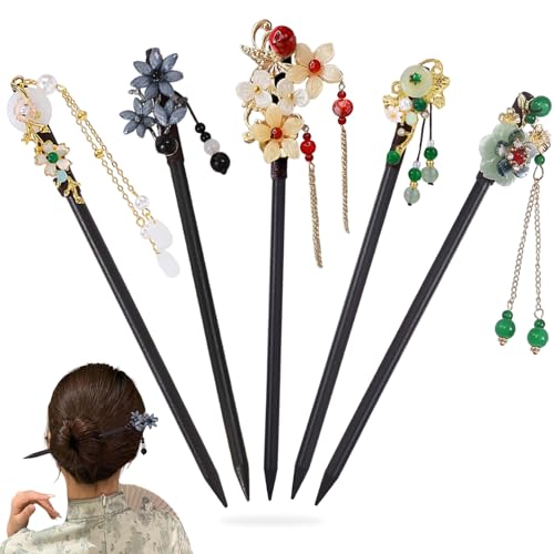 YIZWINS 5 Stück Holz Haarstäbchen, Vintage Chinesische Haarnadel, Chinesische Stäbchen Haarnadeln mit Blumen und Quasten Verziert, Haarspangen Haarstab für Frauen Mädchen Haar Zubehör von YIZWINS