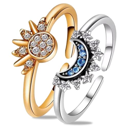 YIZWINS Sonne Mond Ring Gold Silber Set, Ring Set Sonne Und Der Mond, Ring Silber Matching Rings mit Cubic Zirconia Silber, Freundschaftsringe Sonne und Mond Ring Damen für Frauen Mädchen von YIZWINS