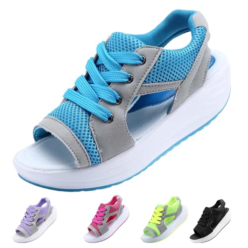 YImoomus Contrast Paneled Cutout Lace-Up Muffin Sandals for Women, Causal Summer Tennis Shoes Open Toe Platform Sneaker (Blue, Erwachsene, Damen, 37, Numerisch, EU Schuhgrößensystem, M) von YImoomus