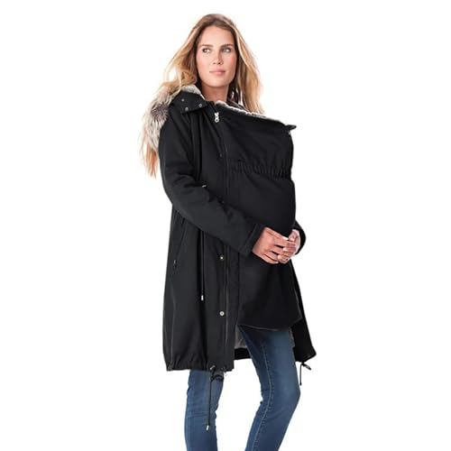 Umstandsjacke Mit Babyeinsatz, Umstands Baumwolljacke 3 In 1 Winter Knielanger Tragejacke Mit Einstellbarer Kordelzug& Pelzkragen Winterjacke Warm Umstandsjacke Schwarz Outdoor Mantel Oversize von YIzdegg