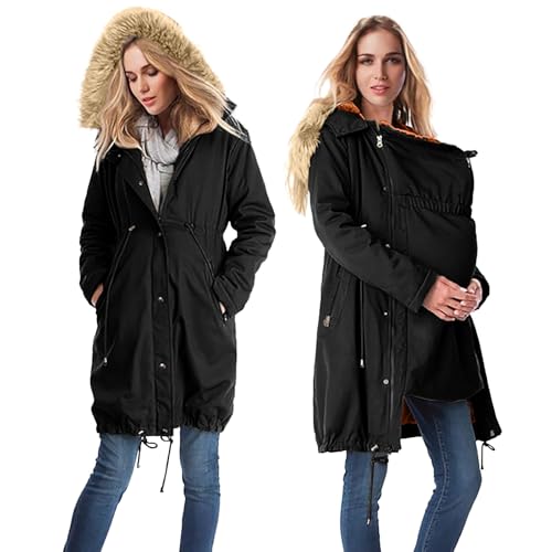 Umstandsjacke Mit Babyeinsatz, Umstands Baumwolljacke 3 In 1 Winter Knielanger Tragejacke Mit Einstellbarer Kordelzug& Pelzkragen Winterjacke Warm Umstandsjacke Schwarz Outdoor Mantel Oversize von YIzdegg