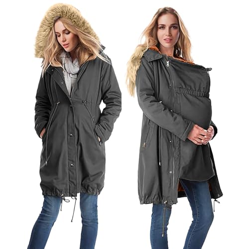 Umstandsjacke Mit Babyeinsatz, Umstands Baumwolljacke 3 In 1 Winter Knielanger Tragejacke Mit Einstellbarer Kordelzug& Pelzkragen Winterjacke Warm Umstandsjacke Schwarz Outdoor Mantel Oversize von YIzdegg
