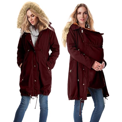 Umstandsjacke Mit Babyeinsatz, Umstands Baumwolljacke 3 In 1 Winter Knielanger Tragejacke Mit Einstellbarer Kordelzug& Pelzkragen Winterjacke Warm Umstandsjacke Schwarz Outdoor Mantel Oversize von YIzdegg