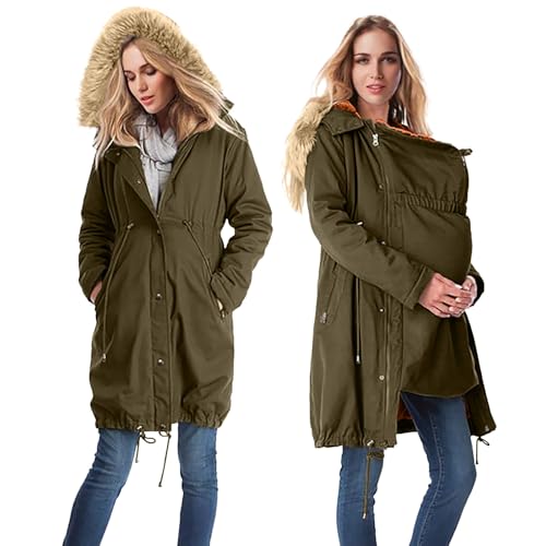Umstandsjacke Mit Babyeinsatz, Umstands Baumwolljacke 3 In 1 Winter Knielanger Tragejacke Mit Einstellbarer Kordelzug& Pelzkragen Winterjacke Warm Umstandsjacke Schwarz Outdoor Mantel Oversize von YIzdegg