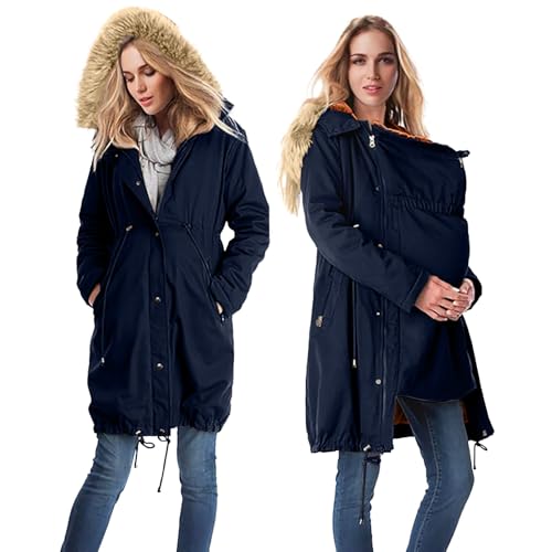 Umstandsjacke Mit Babyeinsatz, Umstands Baumwolljacke 3 In 1 Winter Knielanger Tragejacke Mit Einstellbarer Kordelzug& Pelzkragen Winterjacke Warm Umstandsjacke Schwarz Outdoor Mantel Oversize von YIzdegg