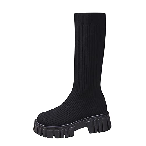 YIzdegg , einfarbig, elastisch, Strickstreifen, runder, Dicke Sohle, Lange Stiefel Schwarze (Black, 38) von YIzdegg
