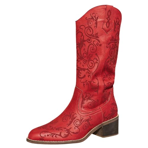 YIzdegg Cowboystiefel Damen Leder, Stiefeletten Damen Mit Absatz Winterstiefel Elegant Stickerei Reitstiefel Chelsea Gefüttert Weitschaftstiefel Spitz Hoch Herbststiefel Retro Winterboots von YIzdegg