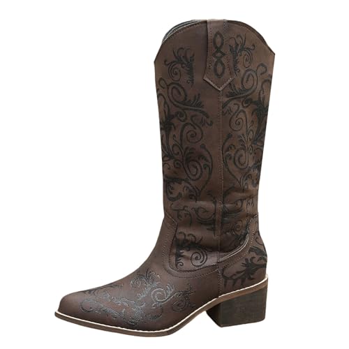 YIzdegg Cowboystiefel Damen Leder, Stiefeletten Damen Mit Absatz Winterstiefel Elegant Stickerei Reitstiefel Chelsea Gefüttert Weitschaftstiefel Spitz Hoch Herbststiefel Retro Winterboots von YIzdegg