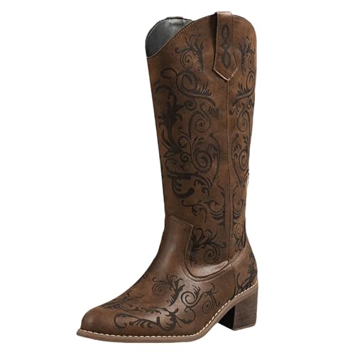 YIzdegg Cowboystiefel Damen Leder, Stiefeletten Damen Mit Absatz Winterstiefel Elegant Stickerei Reitstiefel Chelsea Gefüttert Weitschaftstiefel Spitz Hoch Herbststiefel Retro Winterboots von YIzdegg