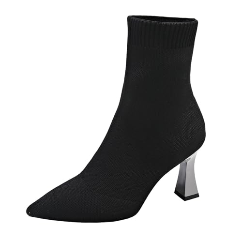 YIzdegg Damen Frühling Winter Spitzschuh Flying Weave Mesh Stilettoabsatz Große Größe Wadenlang Stiefel Clown Schuhe Damen (Black, 42) von YIzdegg