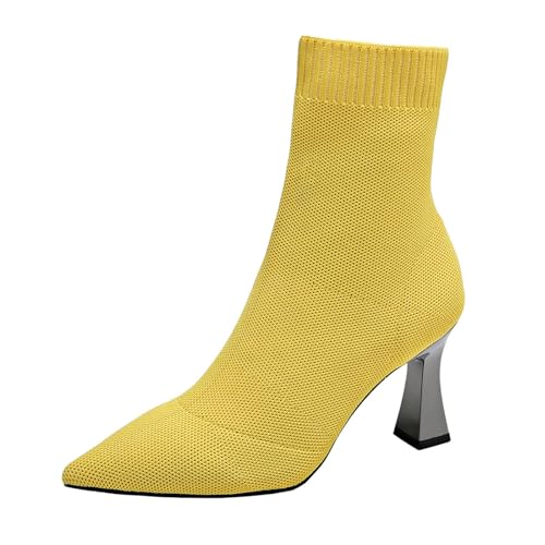YIzdegg Damen Frühling Winter Spitzschuh Flying Weave Mesh Stilettoabsatz Große Größe Wadenlang Stiefel Clown Schuhe Damen (Yellow, 42) von YIzdegg