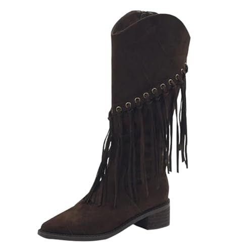YIzdegg Damen Frühling und Winter Alle High Top Quaste Stiefel für Outdoor-Kleidung Dicke Absätze und weiche Sohlen Kniehohe Stiefel Flach Damen 41 (Brown, 41) von YIzdegg