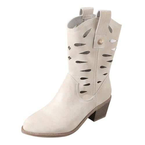 YIzdegg Damen Frühling und Winter Hohle Western Cowboystiefel mit dickem Absatz zulaufender Zehenbereich Retro V-Ausschnitt Stiefel mit mittlerer Wade Mit Fell Damen (White, 39) von YIzdegg