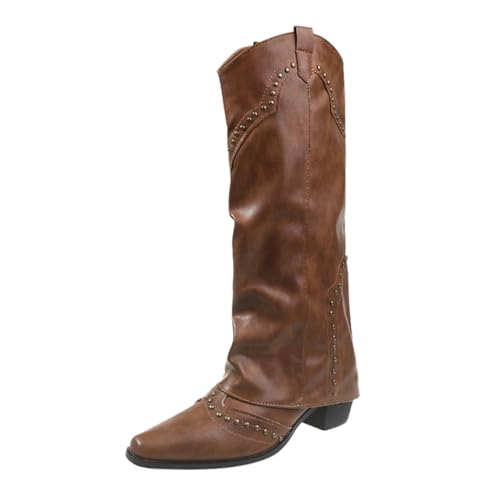 YIzdegg Damen Frühling und Winter Hosenbeine Dicke Absätze Zehe Lange Personalisierte Cowboy Hohe Stiefel Mädchen 34 (Brown, 36) von YIzdegg
