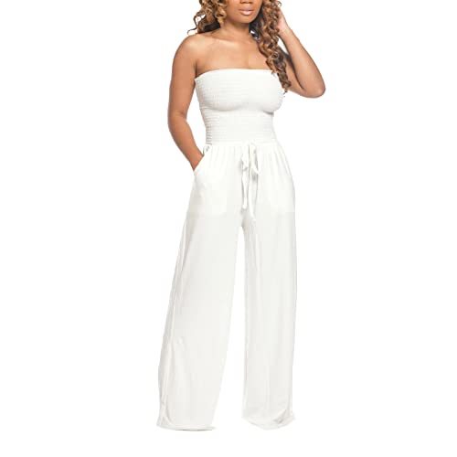 YIzdegg Damen Jumpsuit Lang Sommer Schulterfrei: Overall Off Shoulder Jumpsuit Elegant Einfarbig Playsuit Weites Bein Festlich Hochzeit Playsuit Hohe Taille Lange Hosen Hosenanzug Strandkleid von YIzdegg