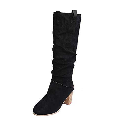 YIzdegg Damen Kniestiefel Wildleder, Langschaftstiefel Mit Blockabsatz Winterstiefel Elegant Overknee Stiefel Rundzehe Cowboystiefel Warm Schlupfstiefel Übergangsstiefel Reitstiefel von YIzdegg