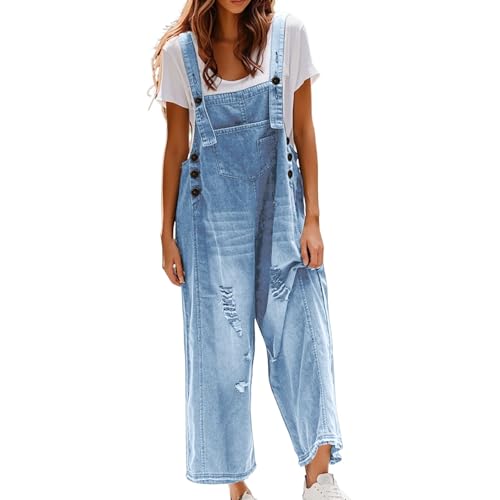 YIzdegg Damen Latzhose Jeans Einteiler Retro Denim Overalls Casual Straight Wide Leg Bib Jeans Verstellbare Trägerhose Loose Fit Baggy Jumpsuit Weich Und Atmungsaktiv Bequemer Stretch Arbeitshose von YIzdegg
